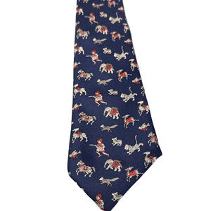 Hermes 100% Navy Blue Tie Hunting Tiger Elephant Tie 963 IA